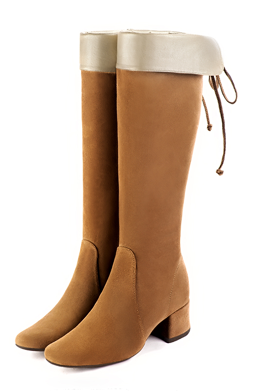 Camel beige and gold women's knee-high boots, with laces at the back. Round toe. Low flare heels. Made to measure. Front view - Florence KOOIJMAN